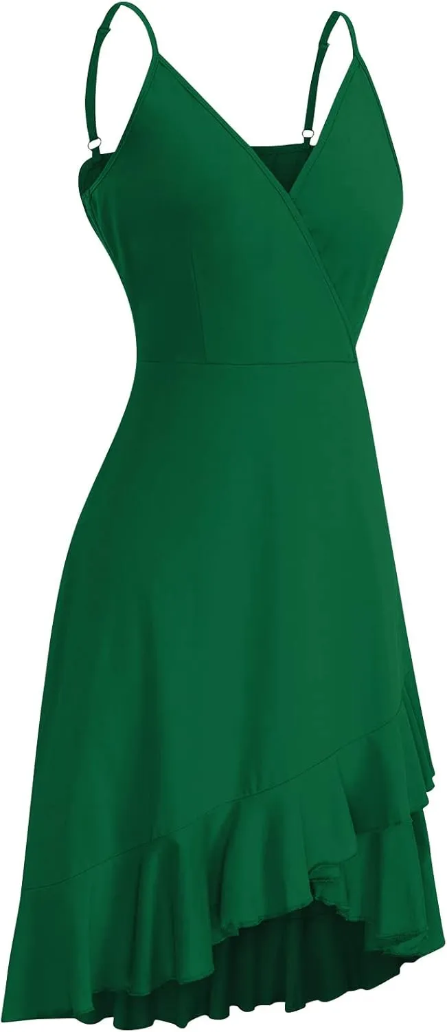BAXLIMEK Party Dresses for Women,2025 Spring Summer Elegant V Neck Spaghetti Strap Sundress Flowy Ruched Ruffle Mini Dress