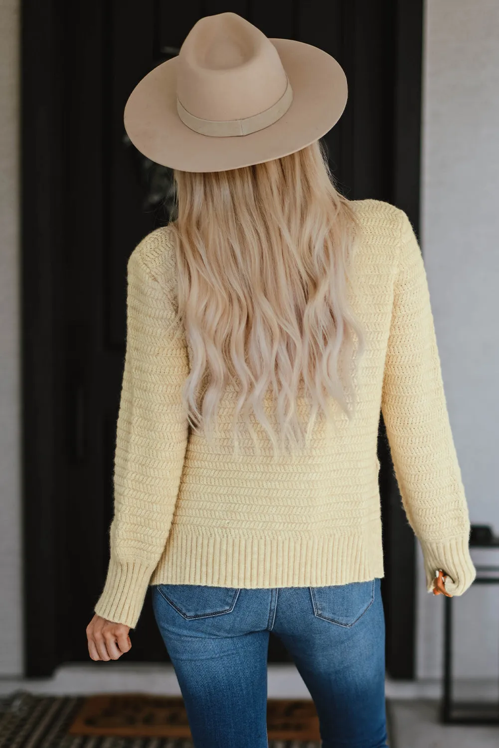 Beige Lace Scalloped V-Neck Side Split Loose Sweater
