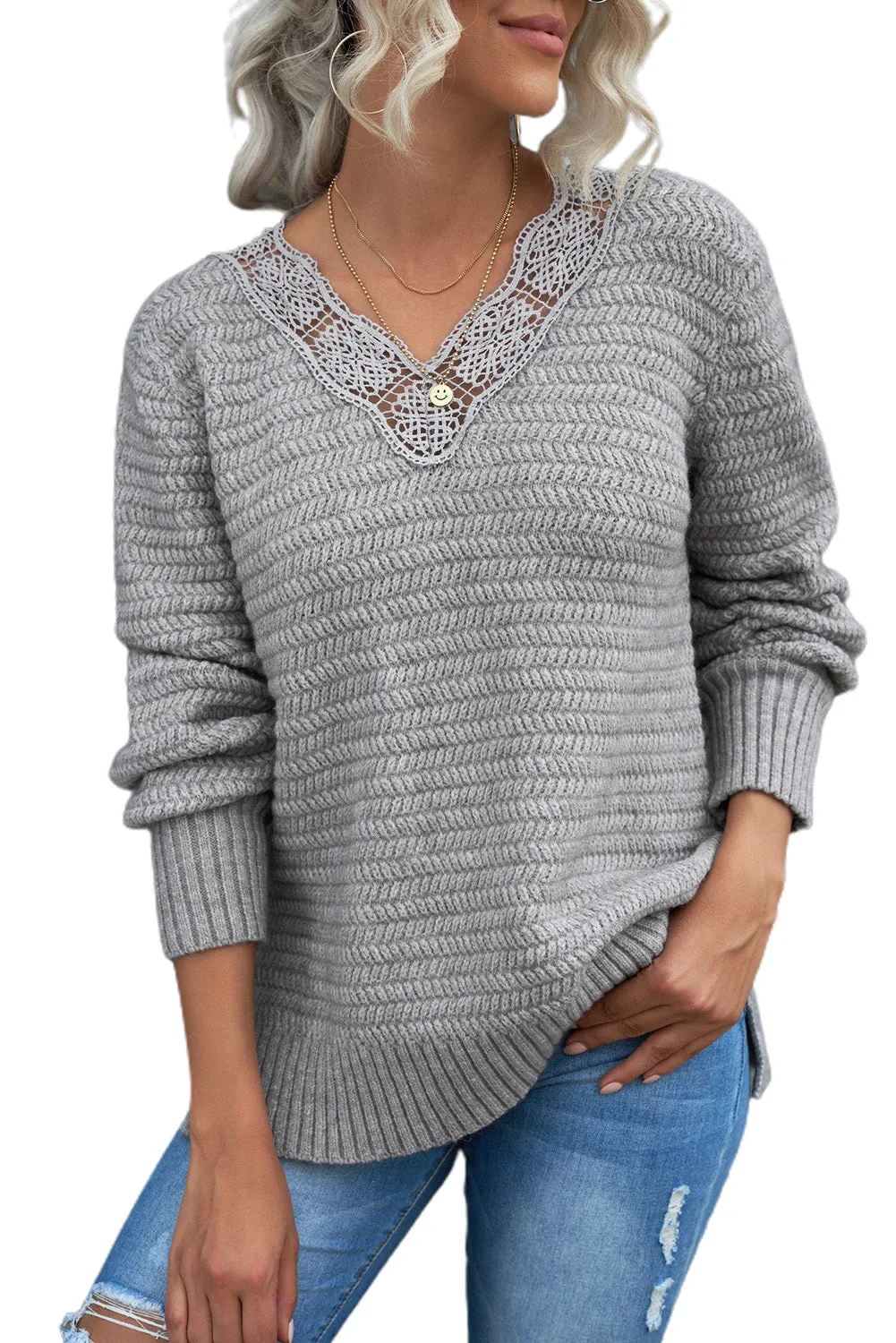 Beige Lace Scalloped V-Neck Side Split Loose Sweater