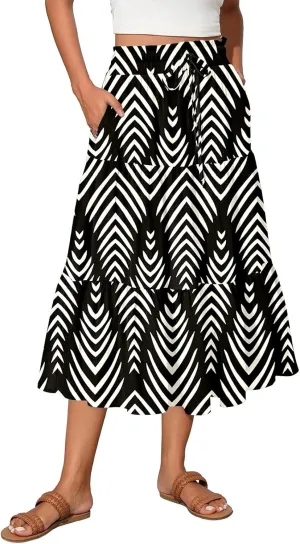 Boho Skirts for Women Floral Pleated Summer Skirt Tummy Control Elegant Dress Vacation Holiday Spring Outfits