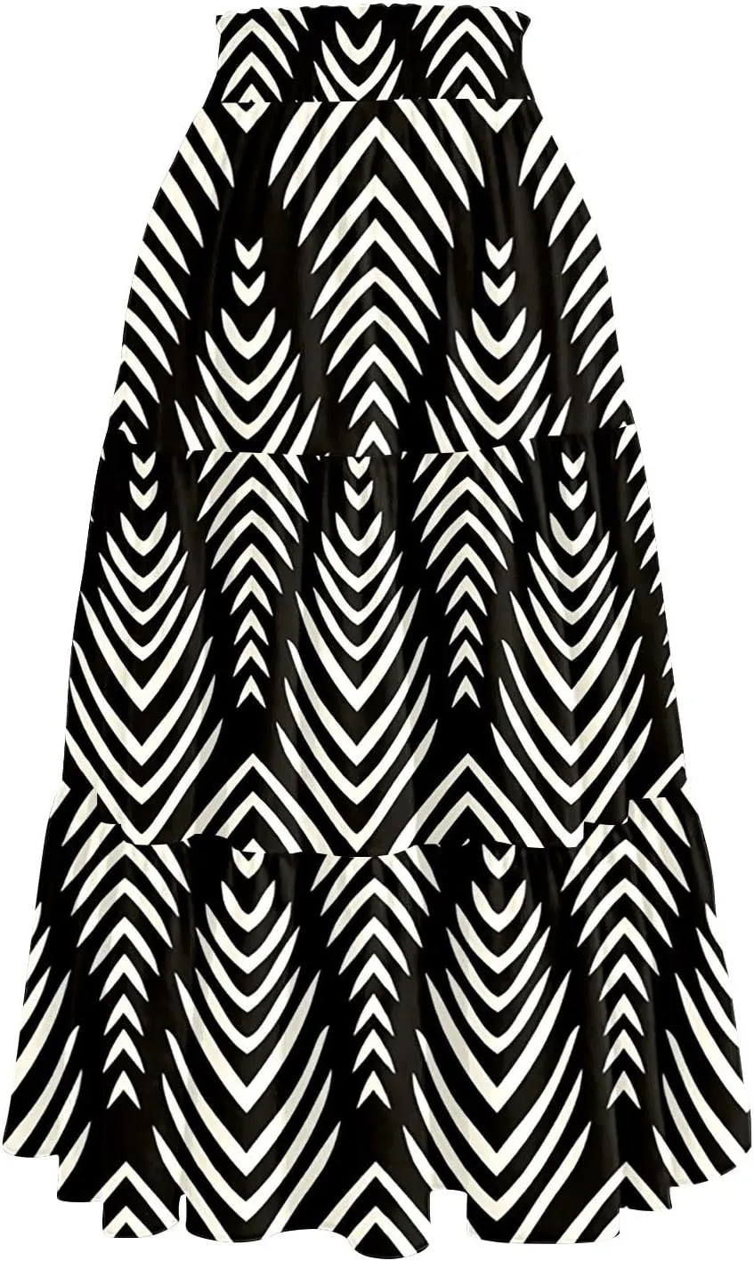 Boho Skirts for Women Floral Pleated Summer Skirt Tummy Control Elegant Dress Vacation Holiday Spring Outfits