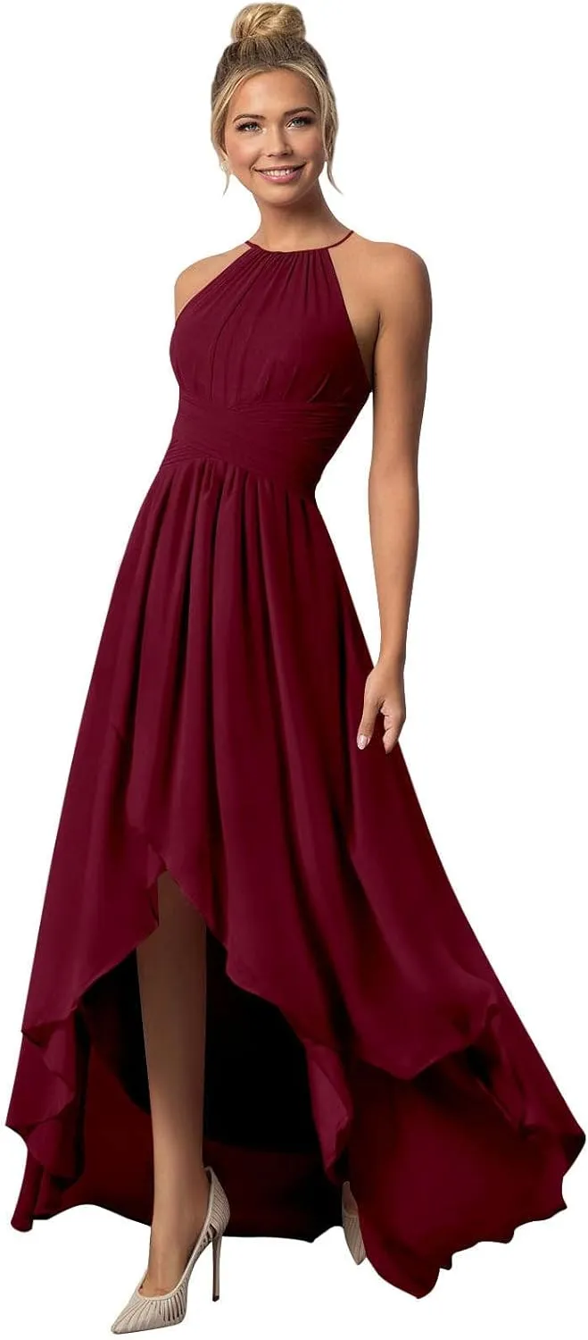 BONOYUER Chiffon Halter Bridesmaid Dresses for Wedding with Pockets A Line High Low Formal Evening Dress