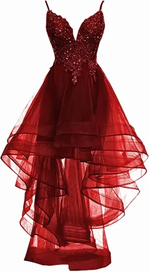 Bridesmaid Dresses Tulle Cocktail Dresses for Women Evening Party Prom Dress Hi-Lo Wedding Guest Dresses Lace Appliques