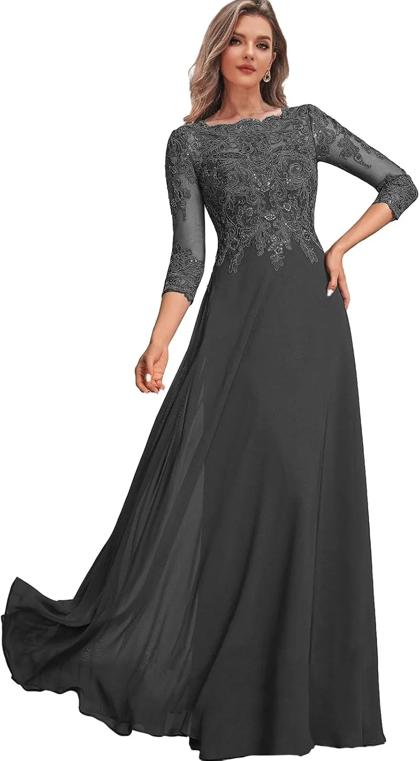 Chiffon Mother of The Bbrides Dresses for Wedding Long Formal Dress with Sleeves Lace Evening Party Gown