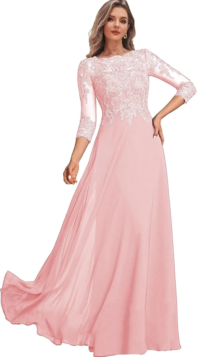 Chiffon Mother of The Bbrides Dresses for Wedding Long Formal Dress with Sleeves Lace Evening Party Gown