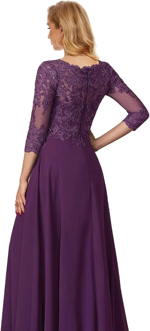 Chiffon Mother of The Bbrides Dresses for Wedding Long Formal Dress with Sleeves Lace Evening Party Gown
