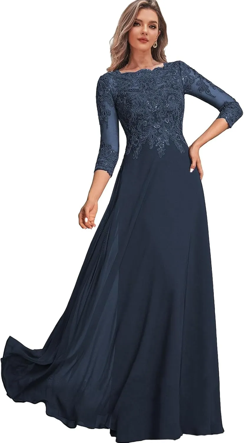 Chiffon Mother of The Bbrides Dresses for Wedding Long Formal Dress with Sleeves Lace Evening Party Gown