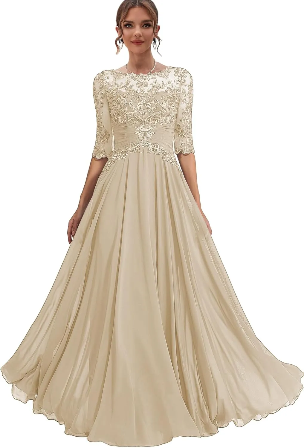 Chiffon Mother of The Bride Dresses for Women Lace Formal Dress with Half Sleeve Long Evening Gown