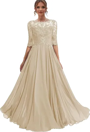 Chiffon Mother of The Bride Dresses for Women Lace Formal Dress with Half Sleeve Long Evening Gown