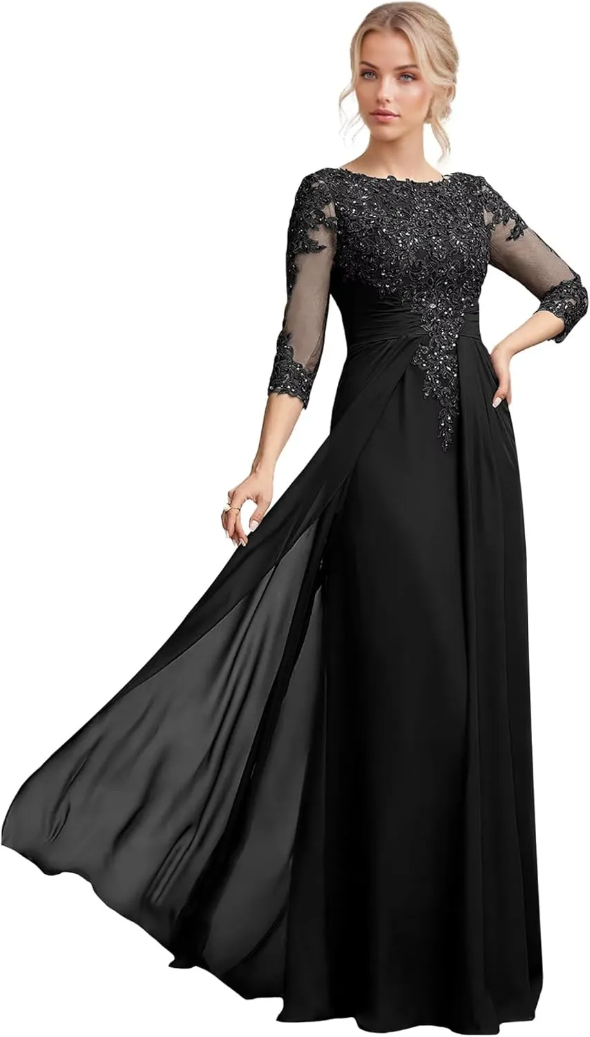 Chiffon Mother of The Bride&Groom Dresses for Women 3/4 Sleeves Sequin Appliques Formal Evening Gowns for Wedding