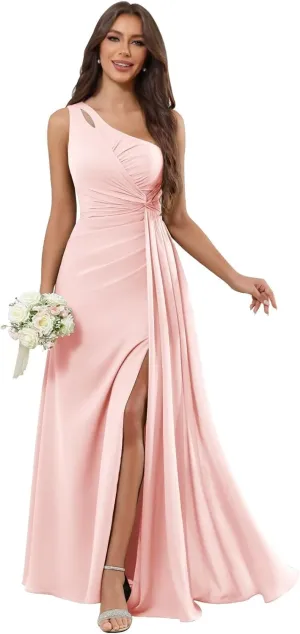 Chiffon One Shoulder Bridesmaid Dresses for Women Long A Line Pleated Formal Evening Gown with Slit