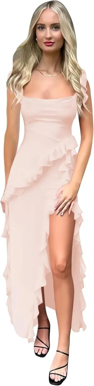 Chiffon Ruffle Prom Dress Long Mermaid Bridesmaid Dresses with Slit Square Neck Formal Evening Gowns