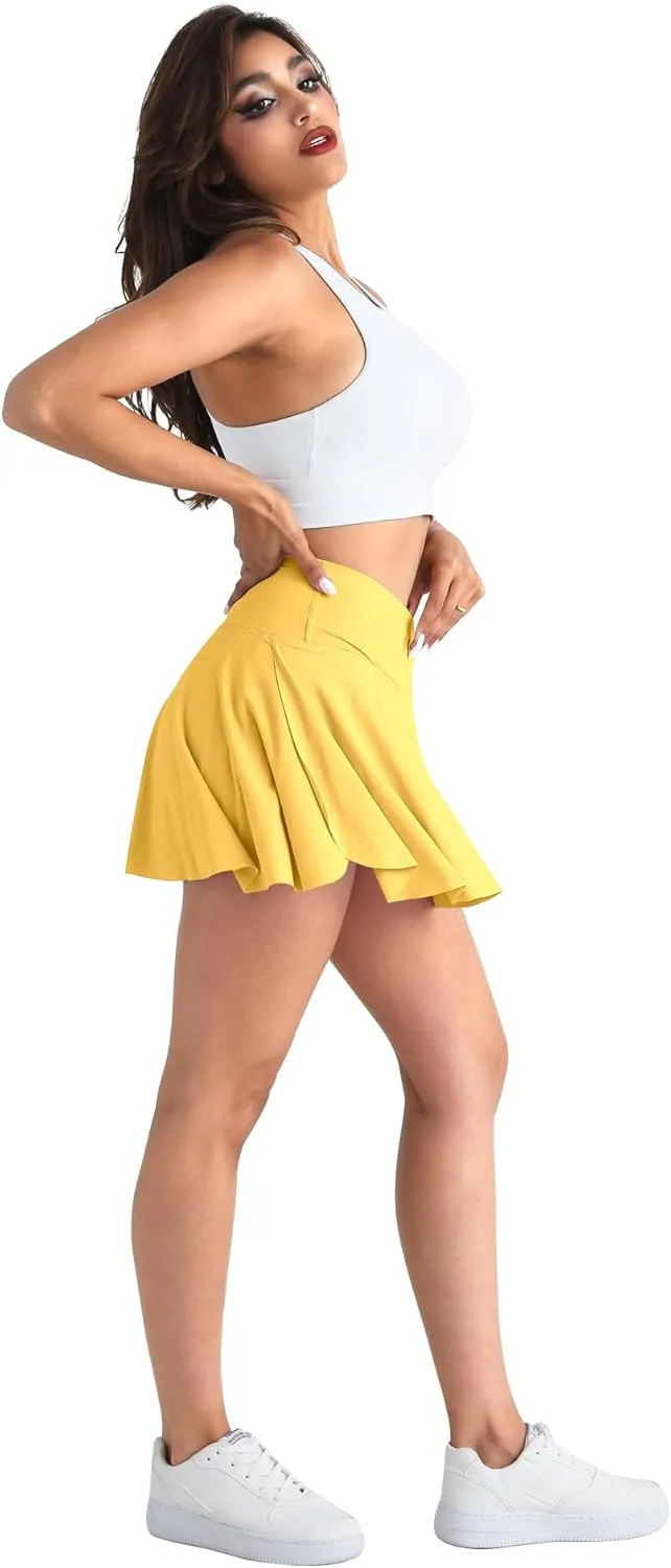 CHRLEISURE Women Tennis Golf Skirt with Pockets - High Waisted Crossover Golf Pleated Athletic Workout Dress Running Skort