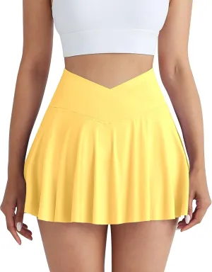 CHRLEISURE Women Tennis Golf Skirt with Pockets - High Waisted Crossover Golf Pleated Athletic Workout Dress Running Skort