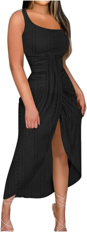 Cocktail Dresses for Women Wedding Guest One Sexy Shoulder Maxi Long Dress Eyelet Split Hem High Waist Wrap Dress