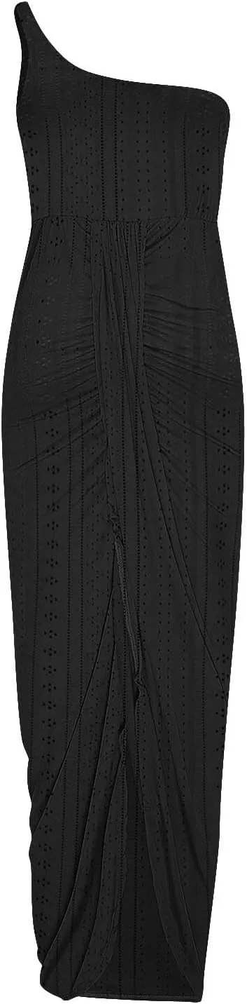 Cocktail Dresses for Women Wedding Guest One Sexy Shoulder Maxi Long Dress Eyelet Split Hem High Waist Wrap Dress