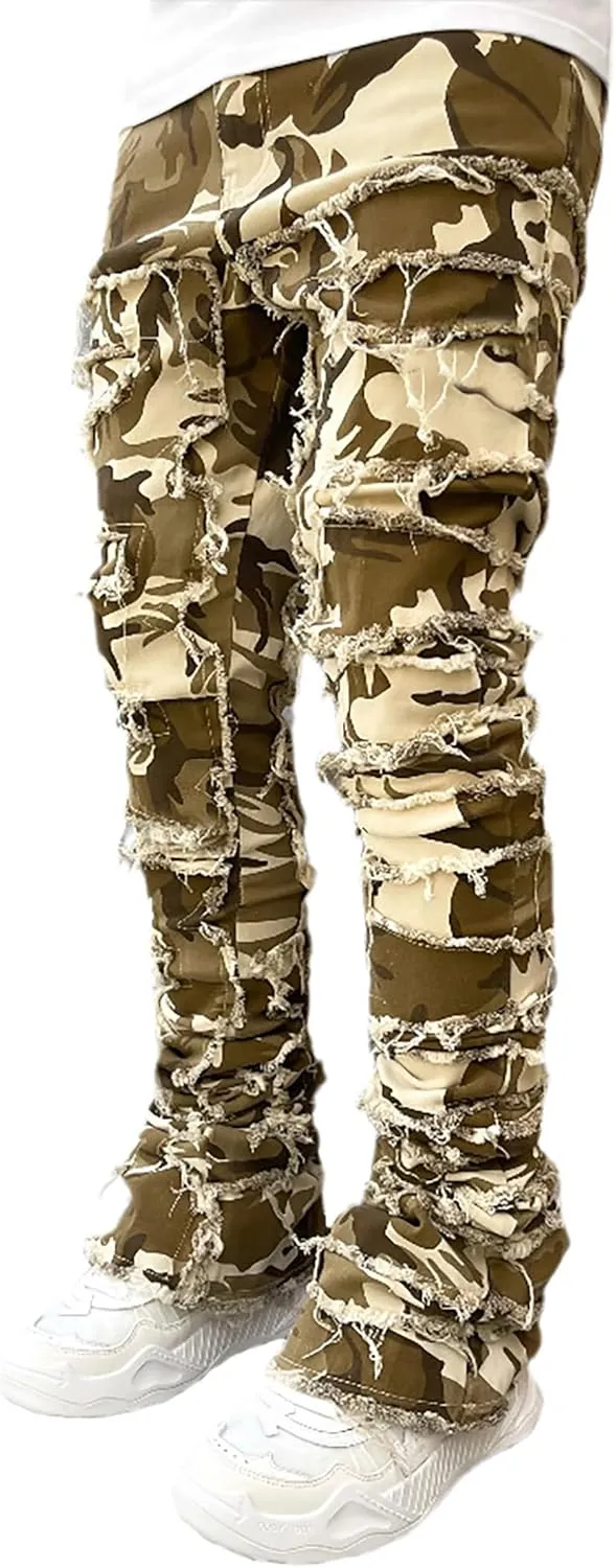 Conshvi Men's Slim Fit Stretch Jeans Distressed Patchwork Stacked Frayed Straight Leg Skinny Denim Pants