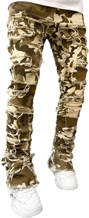 Conshvi Men's Slim Fit Stretch Jeans Distressed Patchwork Stacked Frayed Straight Leg Skinny Denim Pants