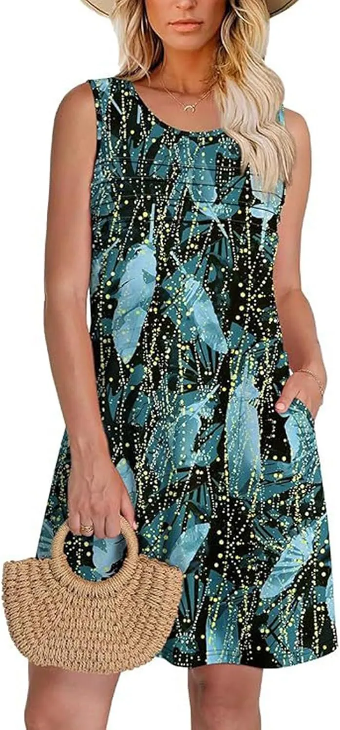 Cover Up Summer Dresses for Women 2025 Loose Beach Vacation Casual Crew Neck Sleeveless Sundresses with Pockets Tank Dress