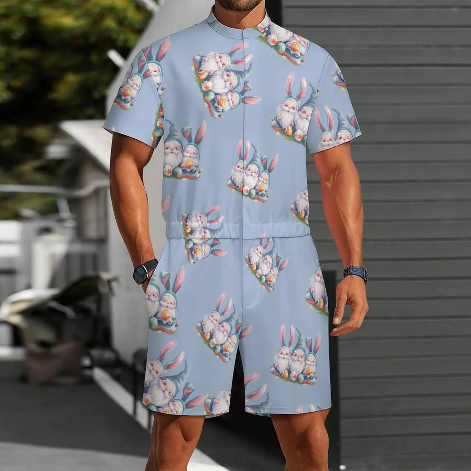 Cute Gnome Easter Mens Short Sleeve Rompers Printed Slim Fit One Piece Jumpsuit with Pocket