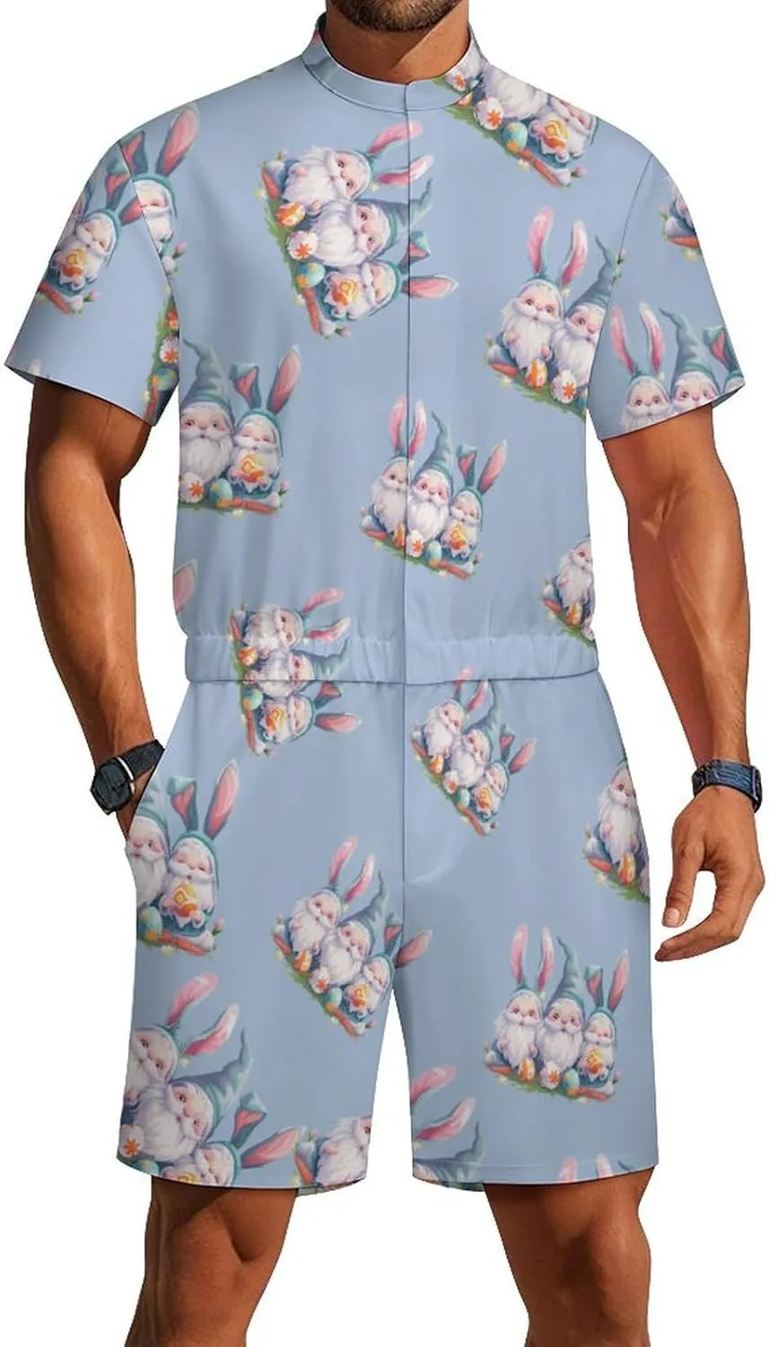 Cute Gnome Easter Mens Short Sleeve Rompers Printed Slim Fit One Piece Jumpsuit with Pocket