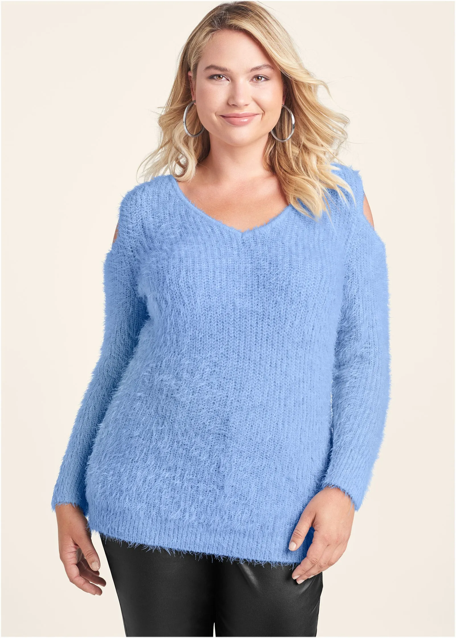 Cutout Eyelash Sweater - Light Blue