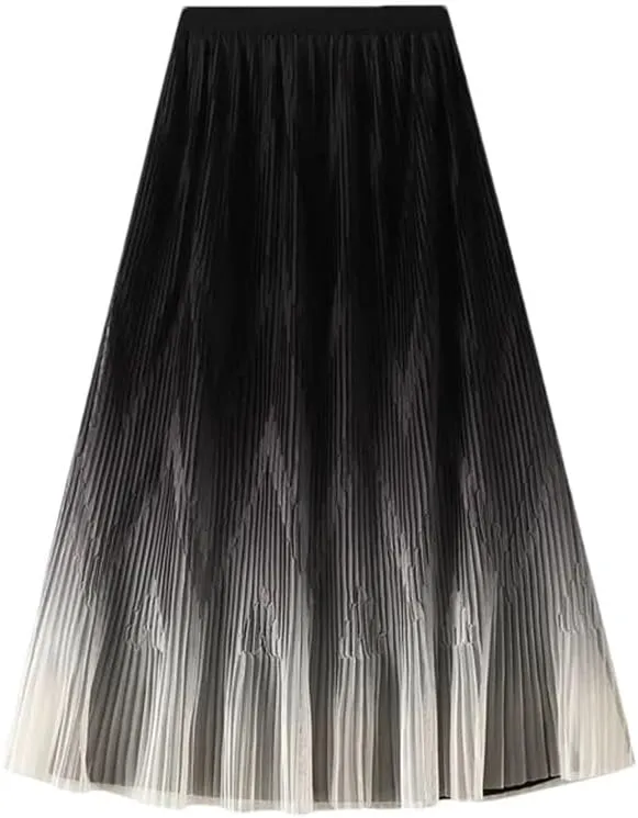 DBFBDTU Woman Gradient Mesh Midi Skirt High Waisted A Line Pleated Skirt Elastic Waist Skirts