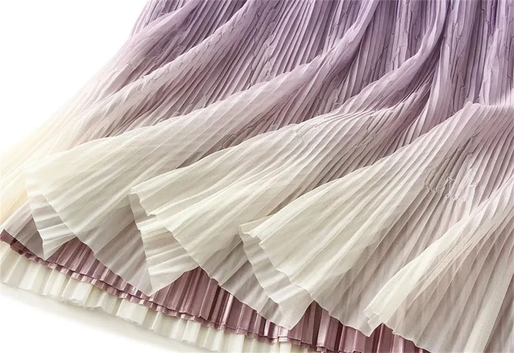 DBFBDTU Woman Gradient Mesh Midi Skirt High Waisted A Line Pleated Skirt Elastic Waist Skirts