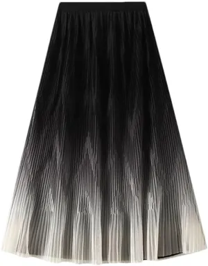 DBFBDTU Woman Gradient Mesh Midi Skirt High Waisted A Line Pleated Skirt Elastic Waist Skirts