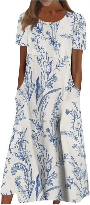 Dresses for Women 2024 Short Sleeve Printed Dresses Pleated Round Neck Maxi Dress Pocket Loose Beach Dress