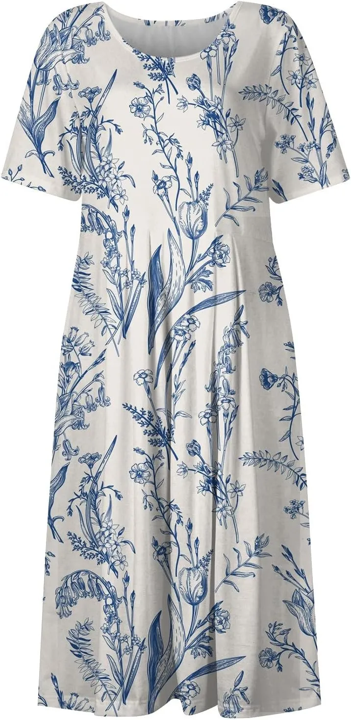 Dresses for Women 2024 Short Sleeve Printed Dresses Pleated Round Neck Maxi Dress Pocket Loose Beach Dress