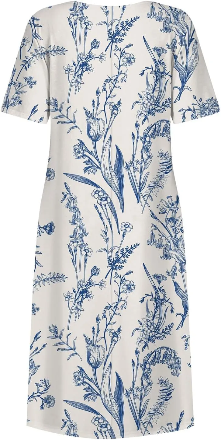 Dresses for Women 2024 Short Sleeve Printed Dresses Pleated Round Neck Maxi Dress Pocket Loose Beach Dress