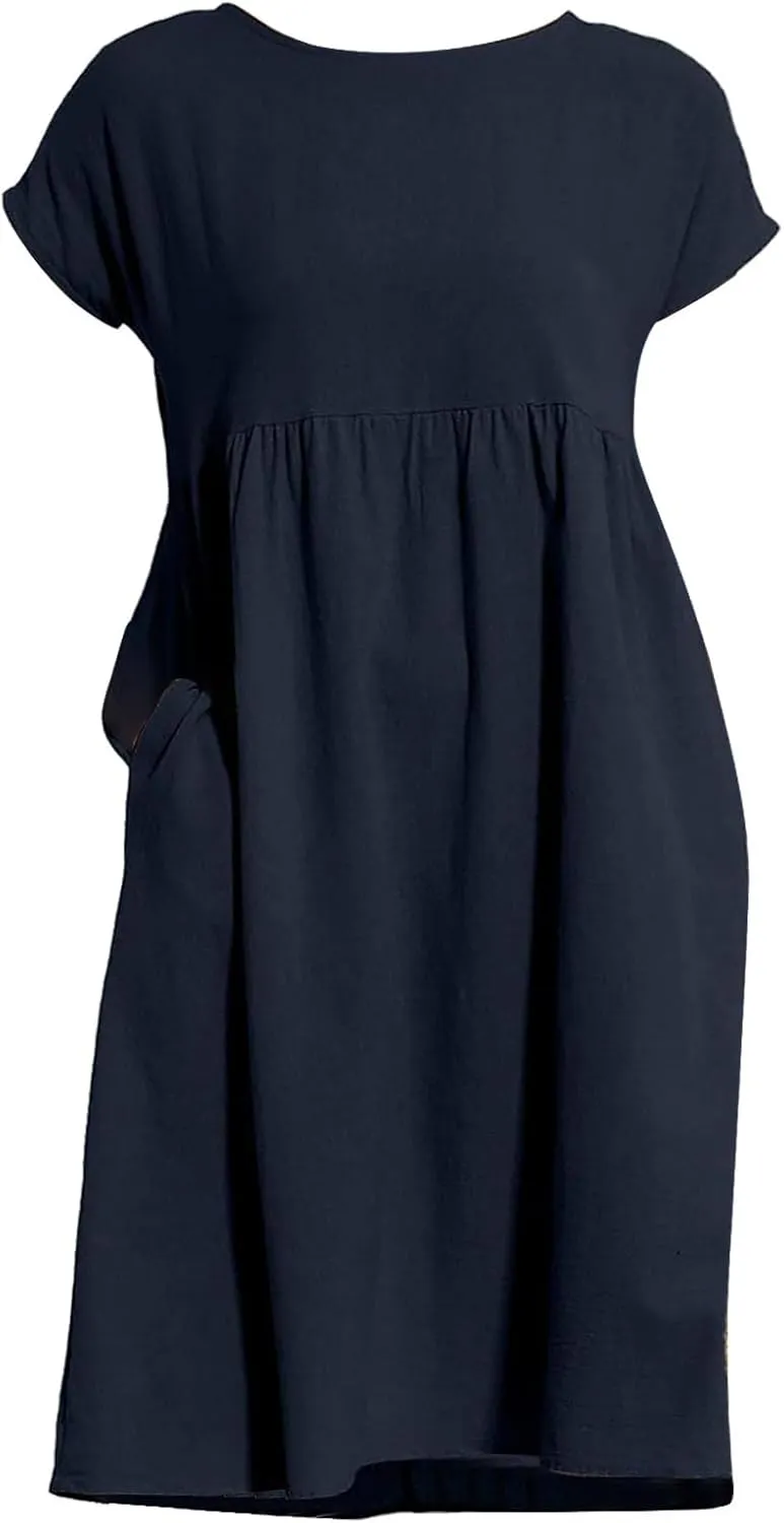 Dresses for Women Summer Short Sleeves Crew Neck Cotton Linen Solid Casual Vacation Beach Flowy Sundress with Pockets