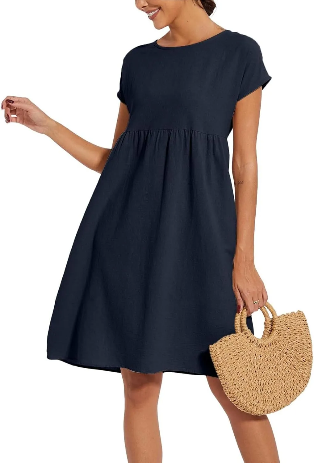 Dresses for Women Summer Short Sleeves Crew Neck Cotton Linen Solid Casual Vacation Beach Flowy Sundress with Pockets