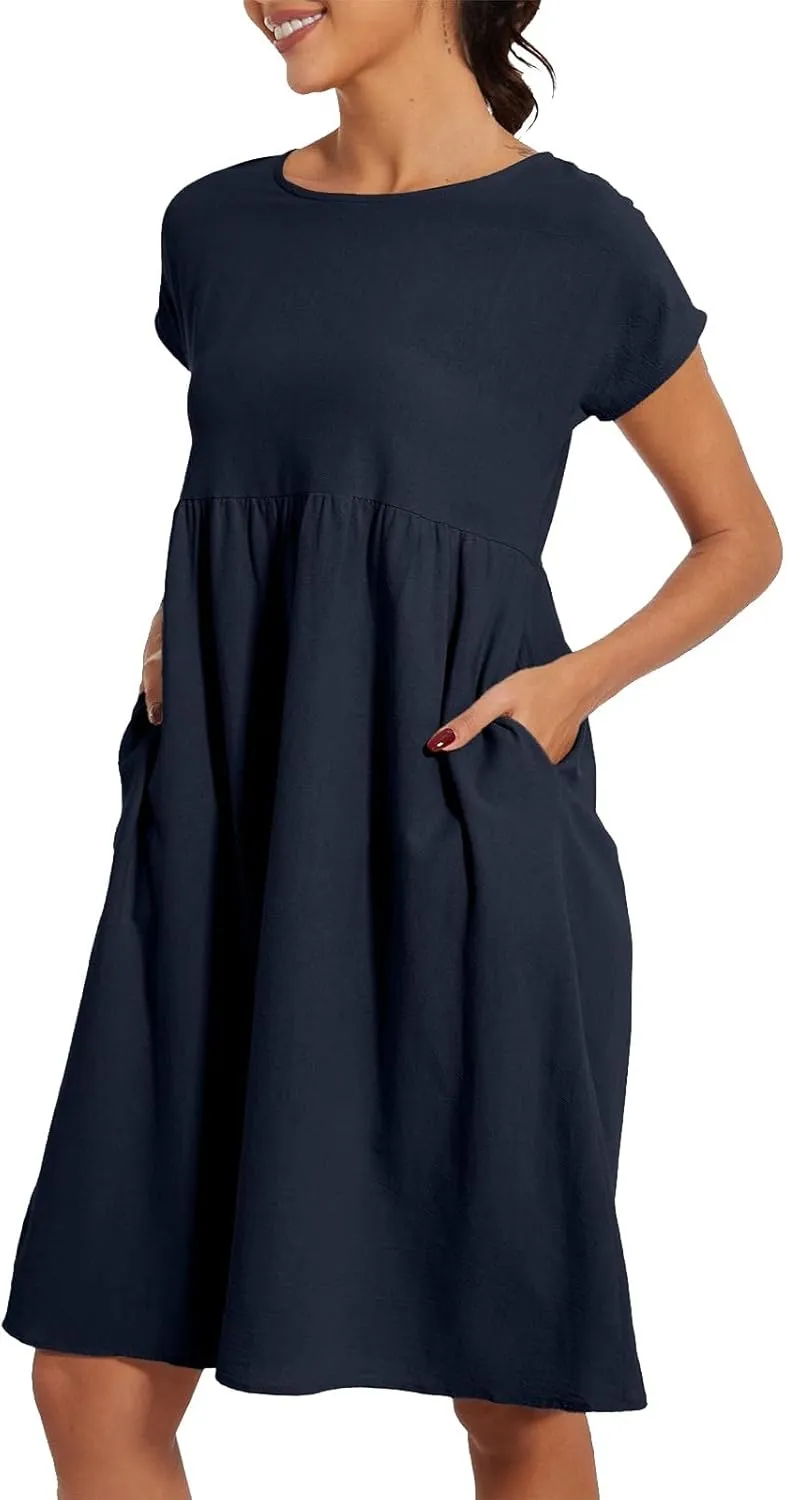 Dresses for Women Summer Short Sleeves Crew Neck Cotton Linen Solid Casual Vacation Beach Flowy Sundress with Pockets