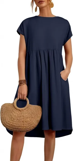 Dresses for Women Summer Short Sleeves Crew Neck Cotton Linen Solid Casual Vacation Beach Flowy Sundress with Pockets