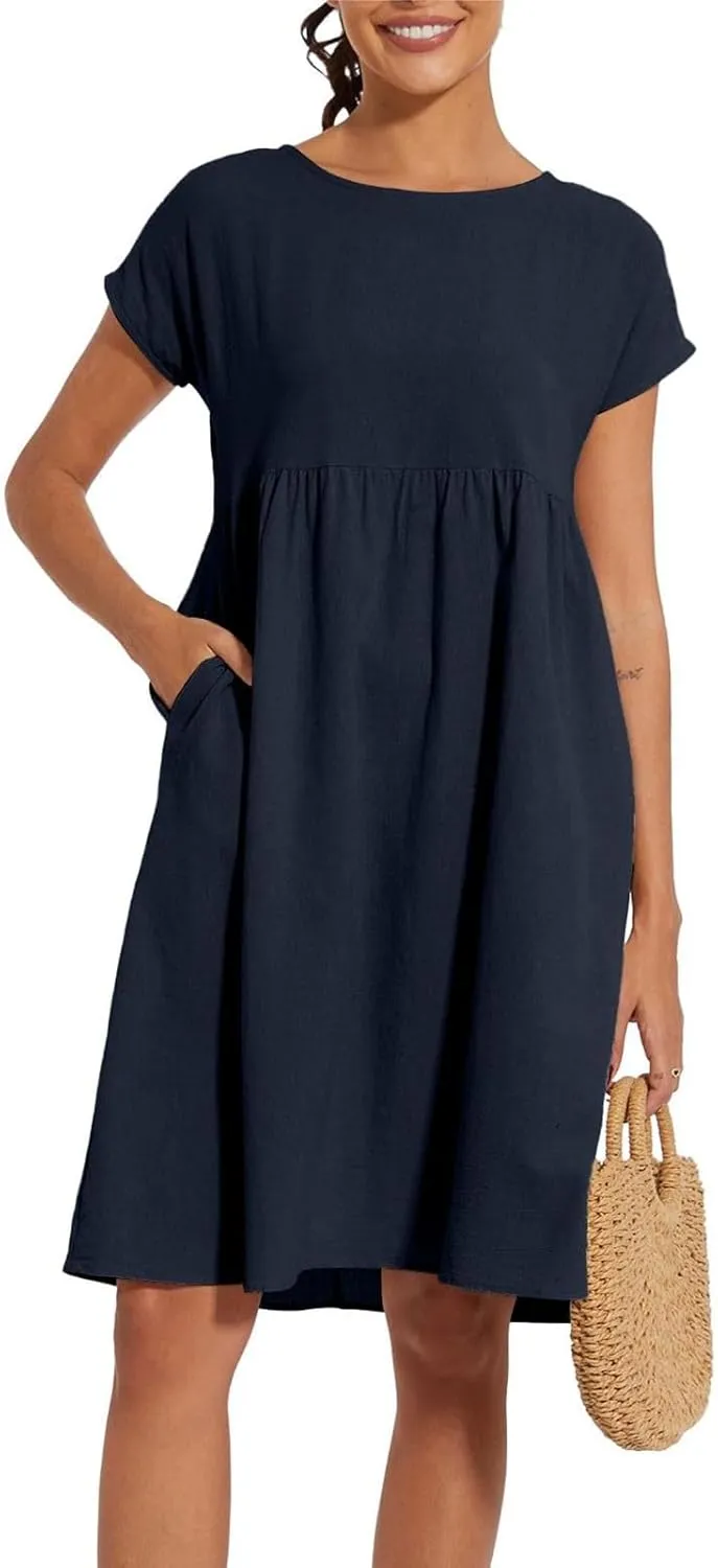 Dresses for Women Summer Short Sleeves Crew Neck Cotton Linen Solid Casual Vacation Beach Flowy Sundress with Pockets