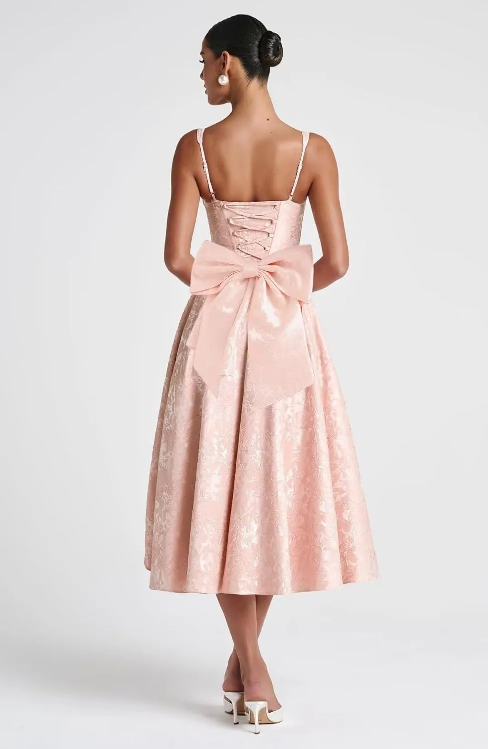 Eightale Satin Jacquard Prom Dress with Bow Tea Length Floral Midi Formal Evening Party Gown
