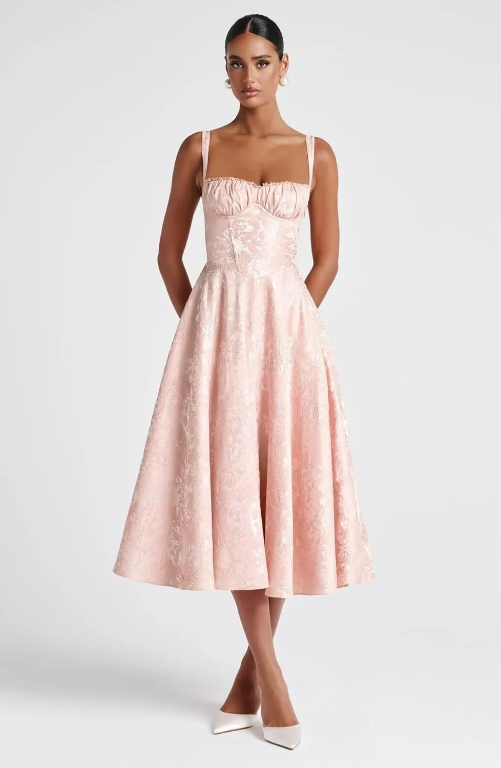 Eightale Satin Jacquard Prom Dress with Bow Tea Length Floral Midi Formal Evening Party Gown