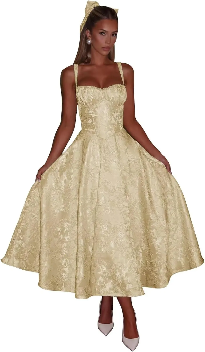 Eightale Satin Jacquard Prom Dress with Bow Tea Length Floral Midi Formal Evening Party Gown