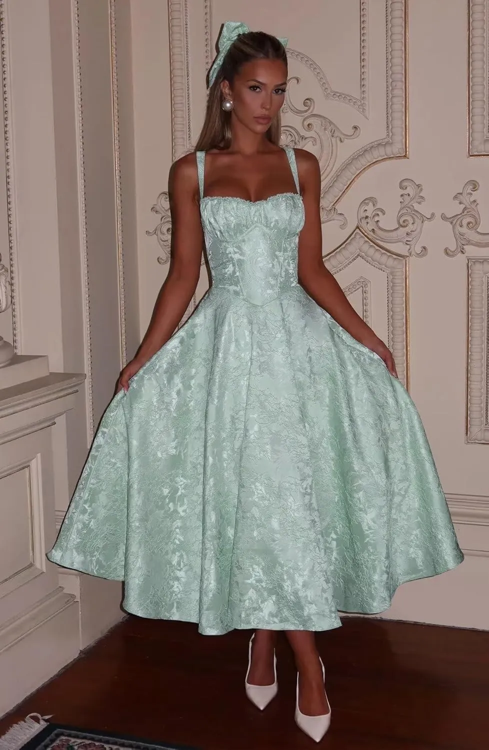 Eightale Satin Jacquard Prom Dress with Bow Tea Length Floral Midi Formal Evening Party Gown