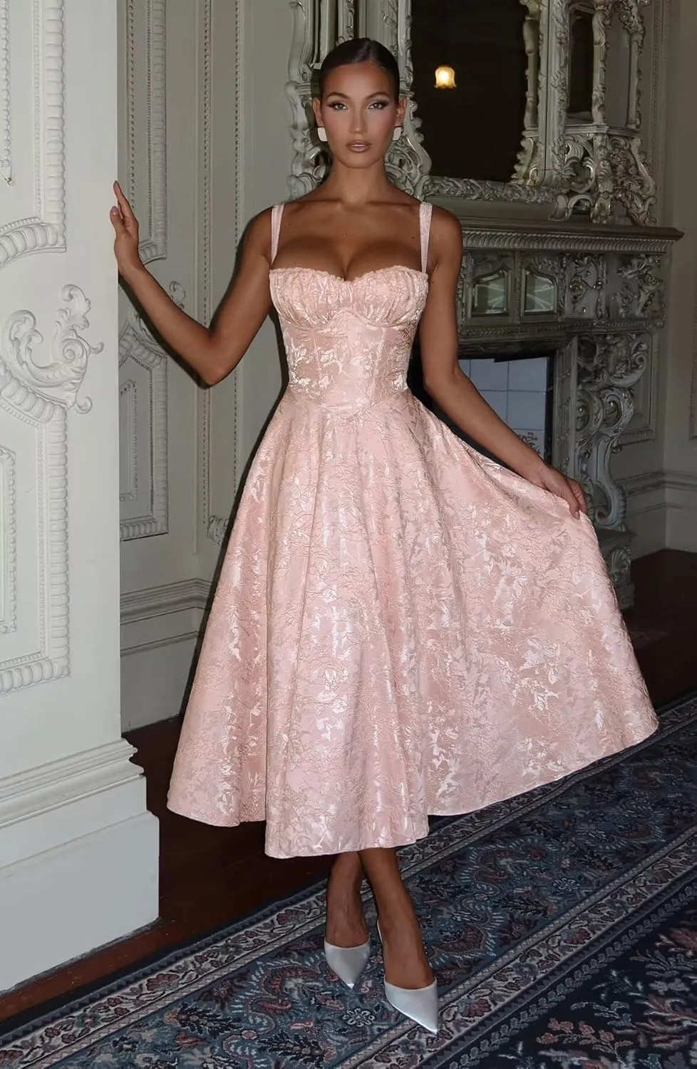 Eightale Satin Jacquard Prom Dress with Bow Tea Length Floral Midi Formal Evening Party Gown
