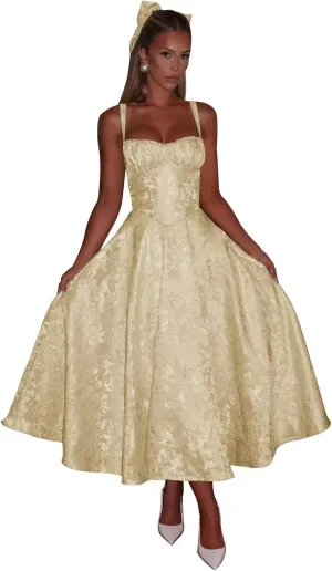 Eightale Satin Jacquard Prom Dress with Bow Tea Length Floral Midi Formal Evening Party Gown