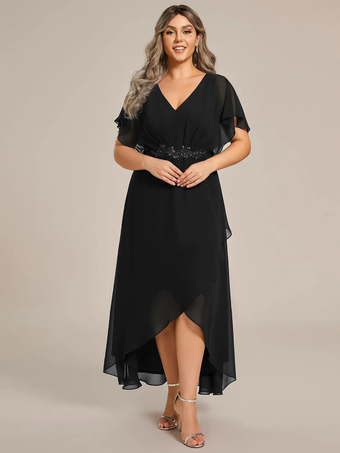 Ever-Pretty Women's Plus V Neck Applique Short Sleeves Maxi Formal Wedding Guest Dress