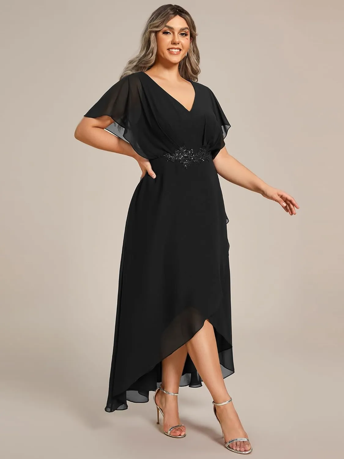 Ever-Pretty Women's Plus V Neck Applique Short Sleeves Maxi Formal Wedding Guest Dress