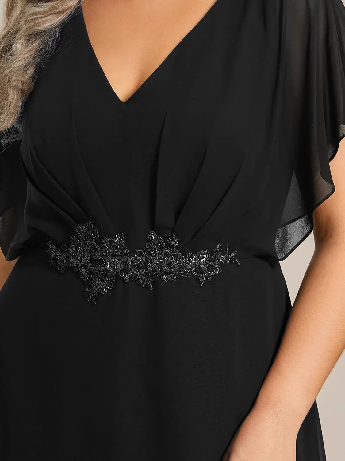 Ever-Pretty Women's Plus V Neck Applique Short Sleeves Maxi Formal Wedding Guest Dress