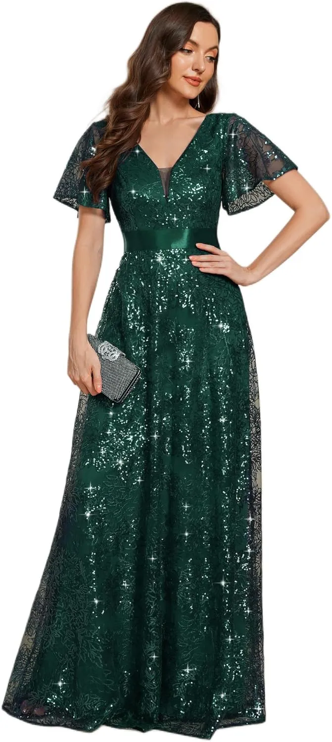 Ever-Pretty Women's V-Neck Sequin Embroidered Short Sleeve Floor-Length A-Line Empire Waist Evening Dresses 02314