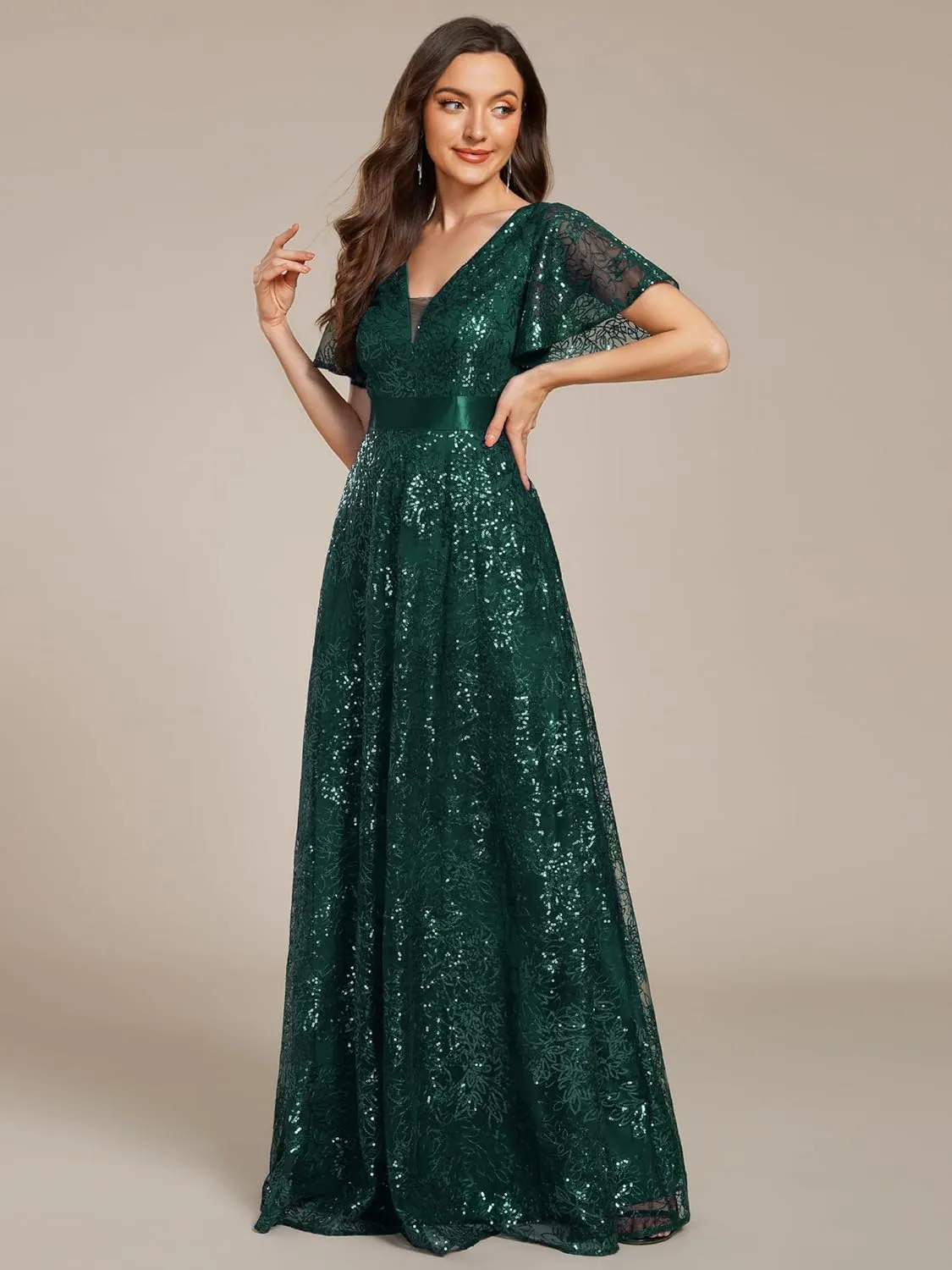 Ever-Pretty Women's V-Neck Sequin Embroidered Short Sleeve Floor-Length A-Line Empire Waist Evening Dresses 02314