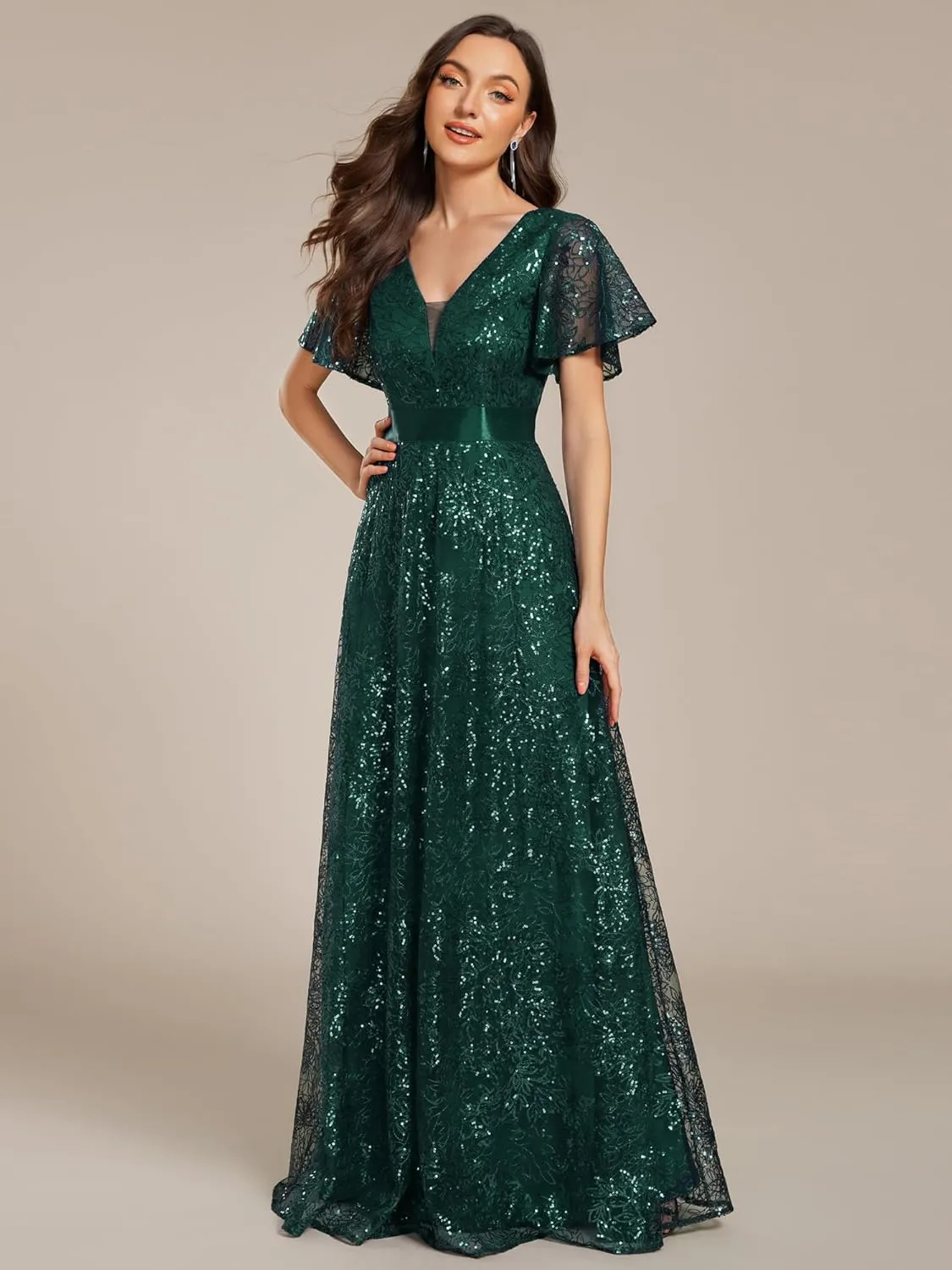 Ever-Pretty Women's V-Neck Sequin Embroidered Short Sleeve Floor-Length A-Line Empire Waist Evening Dresses 02314