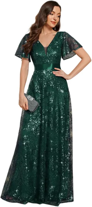 Ever-Pretty Women's V-Neck Sequin Embroidered Short Sleeve Floor-Length A-Line Empire Waist Evening Dresses 02314